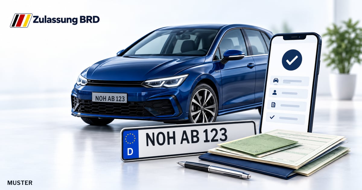 Online Fahrzeugzulassung in Neuenhaus: Musterkennzeichen NOH AB 123, Auto und Fahrzeugpapiere und Smartphone. Illustration mit Logo von Zulassung BRD.